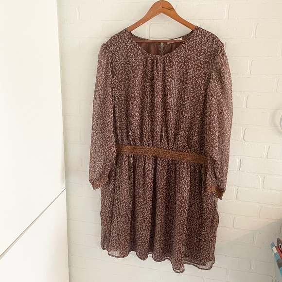 Dex Mini Dress Fall Floral Print Sheer Long sleeve Smocked waist Brown Sz 3X - Picture 3 of 16